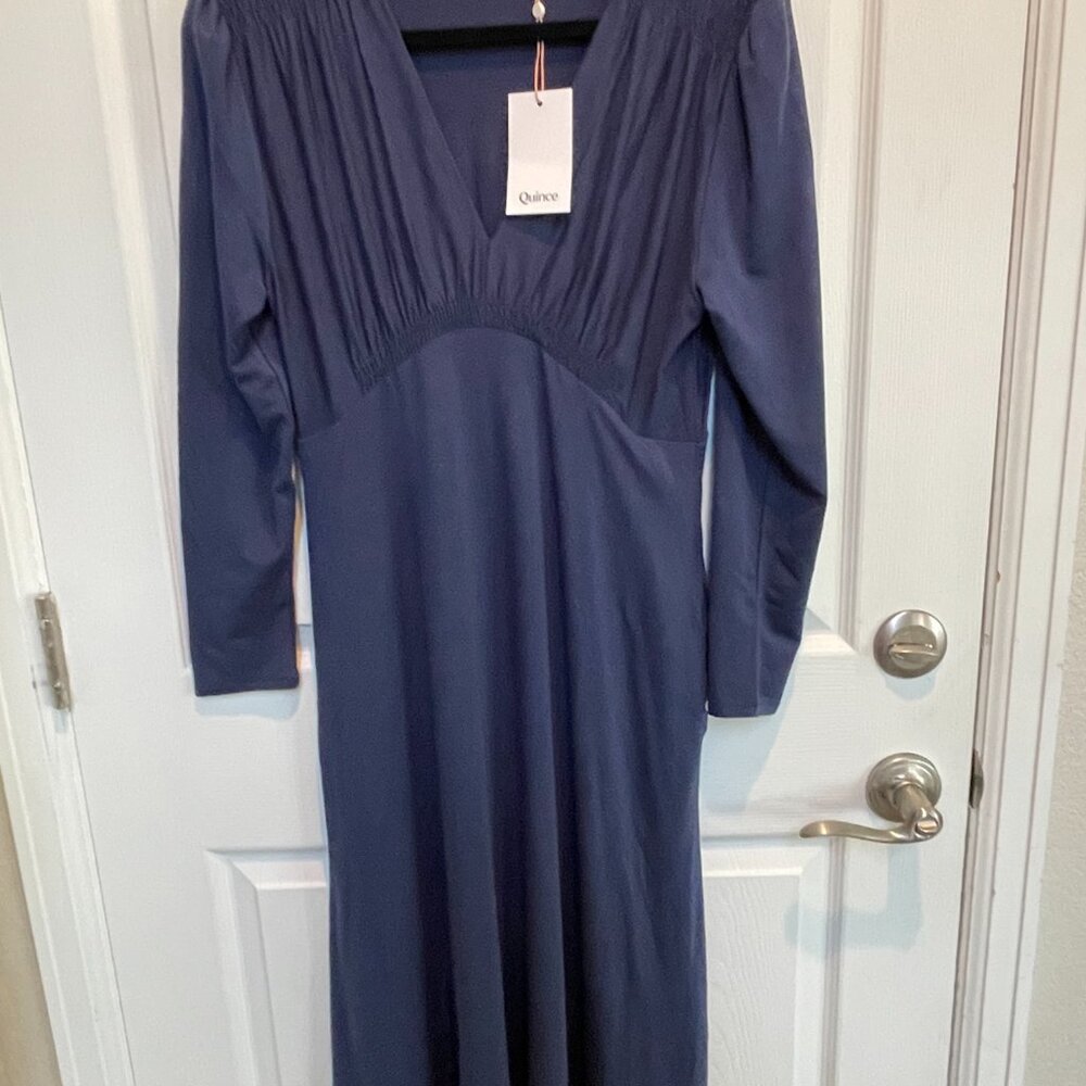 Quince Tencel Jersey V-Neck Long Sleeve Midi Dress Navy Sz S #84 - Picture 7 of 9